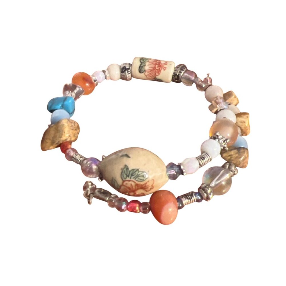 Multicolor Beaded Bracelet Memory Floral Chinese Script Designs Adjustable